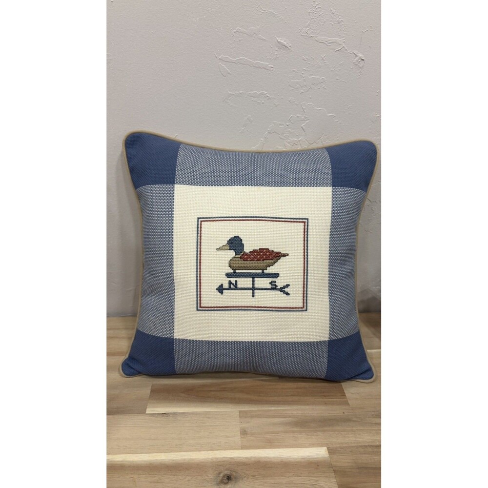 Cross Stitch Vtg Duck Weather Embroidered Handmade Throw Pillow Blue White 13”